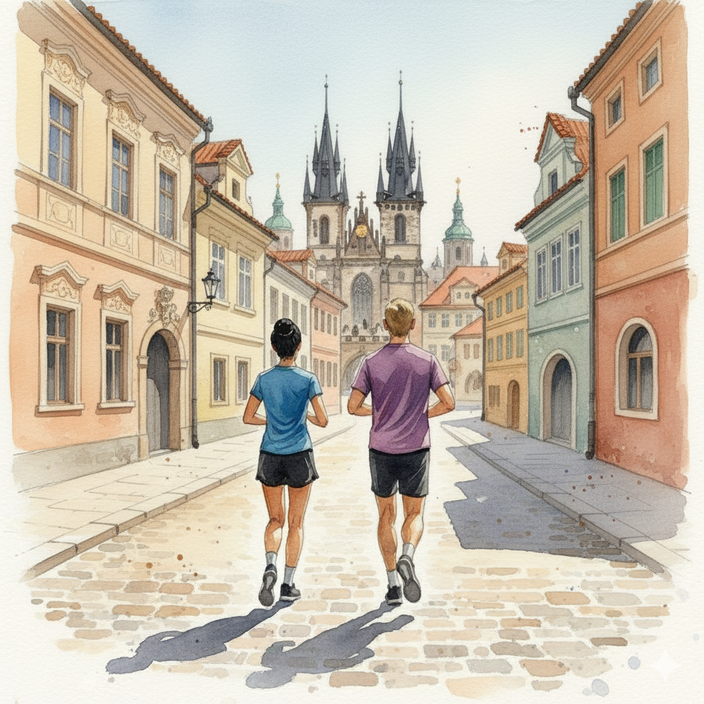 Water colour of two runners along cobbled streets of Prague