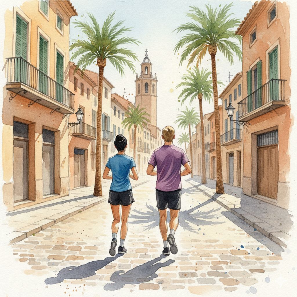 A water color image of a make and female runner on cobbled streets with Spanish looking buildings around them. There are palm trees either side of the road