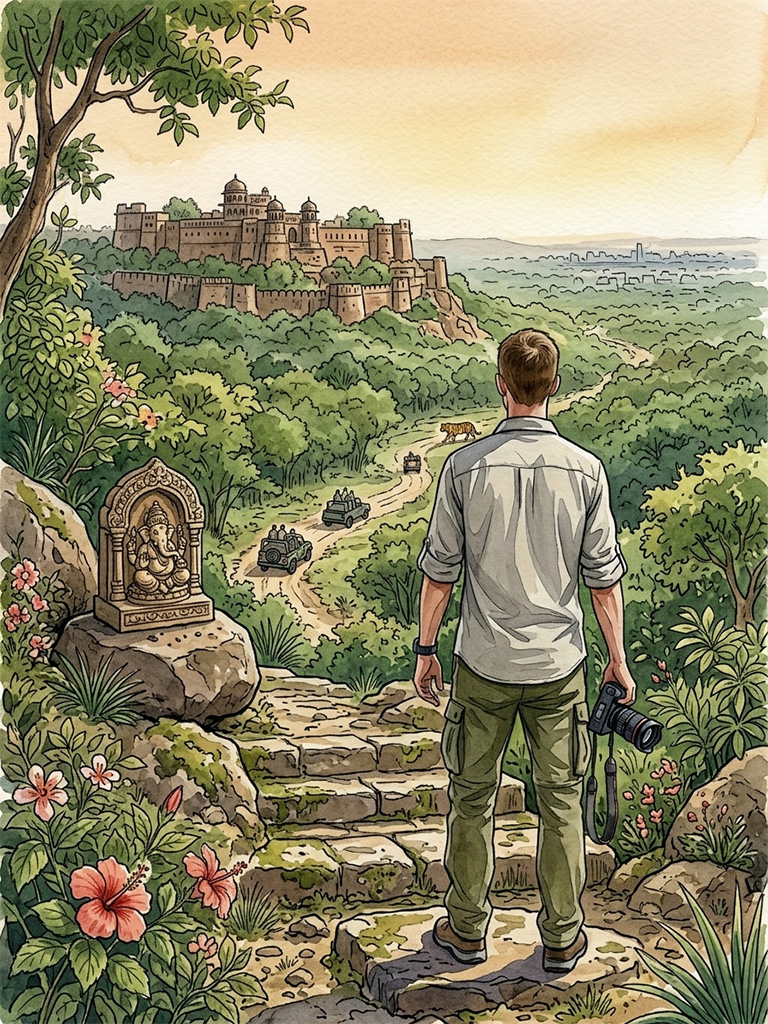 A watercolor image of a man standing at the start of a path that leads towards a fortress surrounded by greenery.