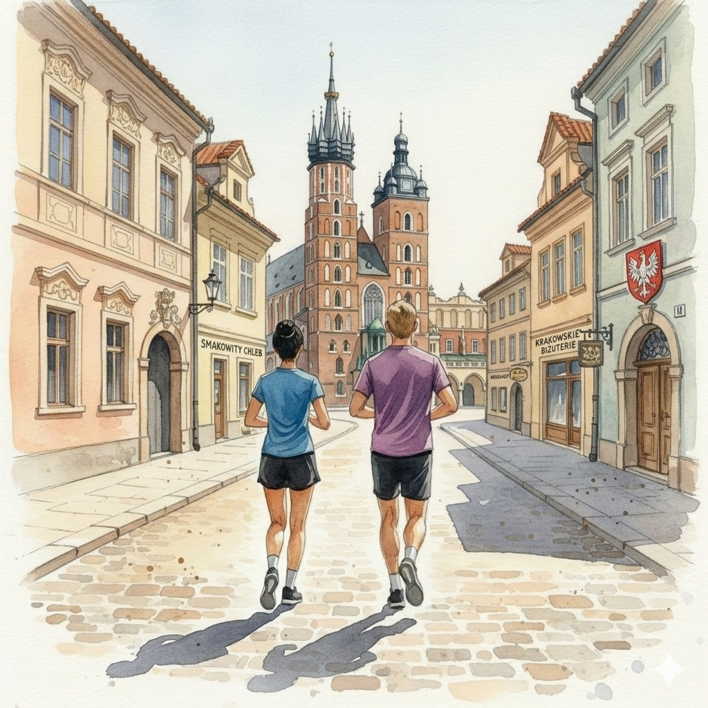 A male and female runner heading towards a church along cobbled streets