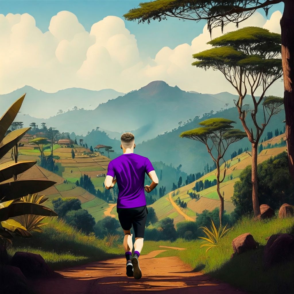 An illustration of a male runner running along a trail to some hills